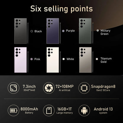 Smartphone Premium S24 ULTRA com 16GB de RAM e 1TB de armazenamento, ecrã HD, 5G LTE + CDMA, câmara traseira de 108MP, desbloqueio facial e Dual SIM.