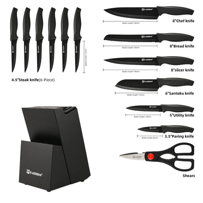 15-Piece Color Coded Kitchen Knife Set High Carbon Chef Knife Ergonomic Black Anti-Slip TPR Soft Handle and Inner Sharpener