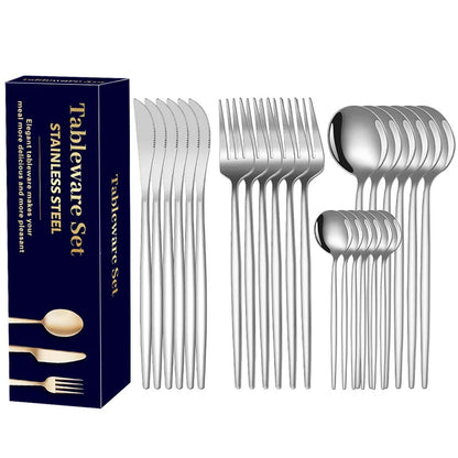 24Pcs Dining Room Stainless Steel Steak Knife,Fork and Spoon Tableware Set