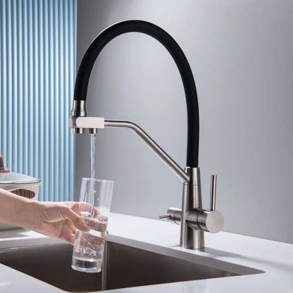 Contemporary Single-Handle Kitchen Faucet with 2-Way Water Filter Brushed Stainless Steel Finish for Hotels and Hospitals