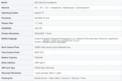 Highly Recommend 16+1TB Galax S24 Ultra Smart Phone 7.3inch Telephone Unlock S-Pen 4G WIFI Android S23 S24 Mobile Phones