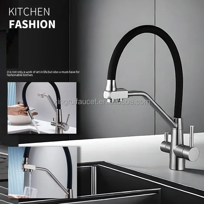 Contemporary Single-Handle Kitchen Faucet with 2-Way Water Filter Brushed Stainless Steel Finish for Hotels and Hospitals