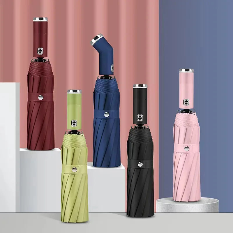 Hot Sale Multi-Color Foldable Automatic Umbrella with Built-in LED Light Handle for Outdoor Activities