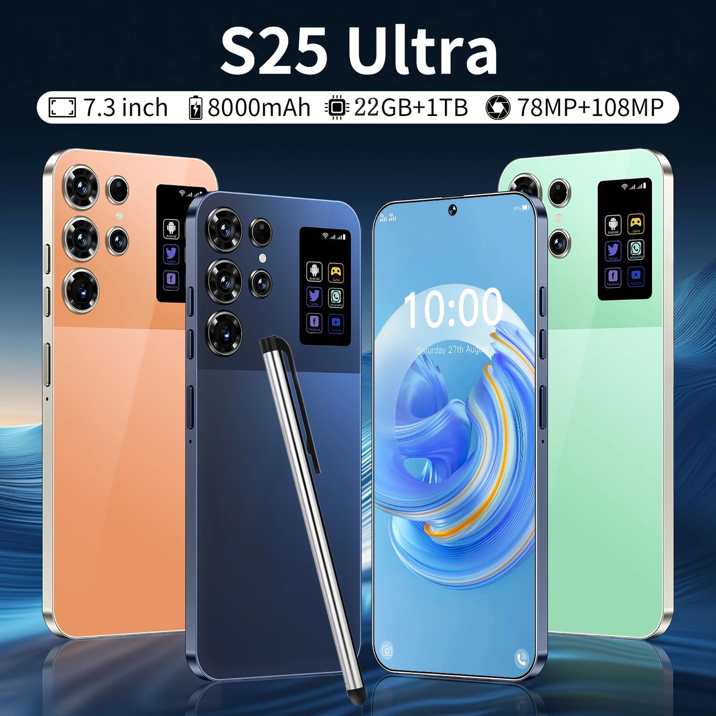 Smartphone Android 15 S25 Ultra de alta qualidade, ecrã de 7,3 polegadas, 22 GB + 1 TB, 5G, desbloqueado, dual SIM, câmara traseira de 108 MP, grande sucesso de vendas, venda por grosso global.