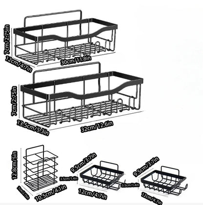 5-piece Set Wall Mounted Bathroom Shelf Black Iron Bathroom  Kitchen Shower Shelves Metal Self-adhesive Storage Rack