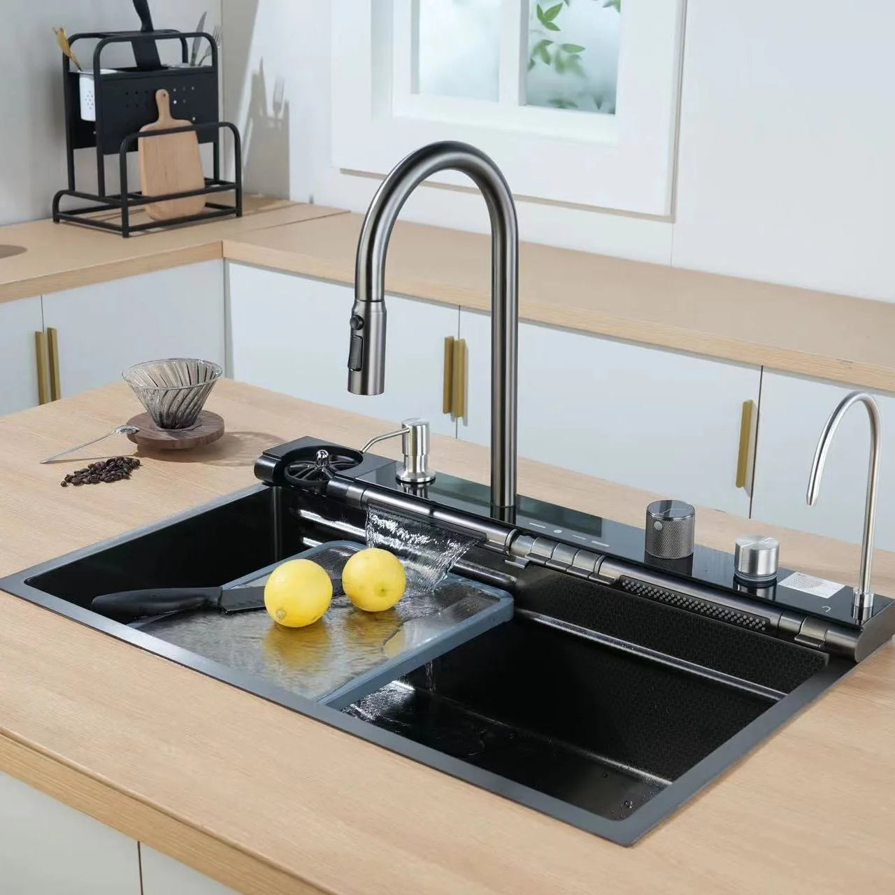 Torneira retangular única grande em aço inoxidável para lava-loiça, com design digital em formato de favo de mel nano espesso, ideal para bancada de cozinha.