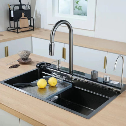 Torneira retangular única grande em aço inoxidável para lava-loiça, com design digital em formato de favo de mel nano espesso, ideal para bancada de cozinha.