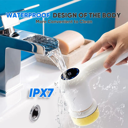 IPX7 Waterproof Electric Cordless Shower Scrubber Dual Speed with 5 Replaceable Brush Heads Convenient Cleaning Equipment