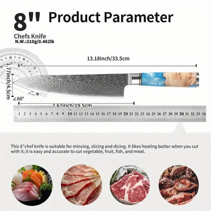Damascus Chef Knife Blue Resin Wood Handle Damascus Kitchen Slicer Meat Vegetable Cleaver Slicing Knife