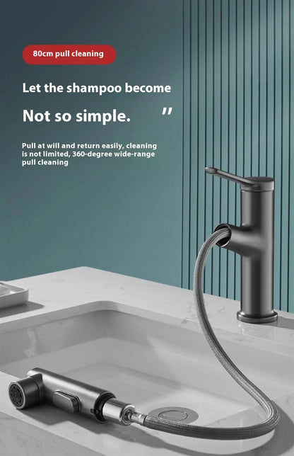 Modern All Copper Pull-Out Basin Faucet Hot Cold Single-Handle Design for Household Washbasin Bathroom Cabinet Toilet Wash Basin