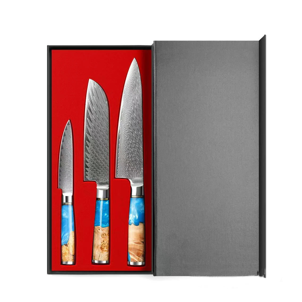 Blue Resin Wood Handle Damascus Kitchen Knife Set Vegetables Slicer Chef Nakiri Knives
