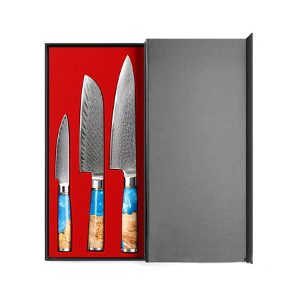 Blue Resin Wood Handle Damascus Kitchen Knife Set Vegetables Slicer Chef Nakiri Knives