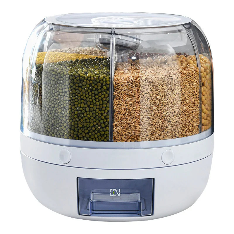 HOT Rice Dispenser Kitchen Moisture-Proof 6-Grid Rotating Food Grain Cereal Storage Box Container