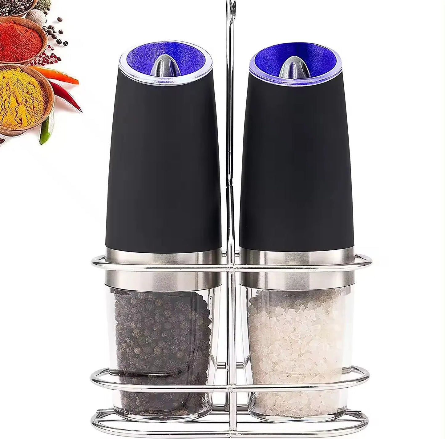 Electric Automatic Salt and Pepper Mill Grinder Set Metal Gravity Pepper Grinder with Blue LED Light