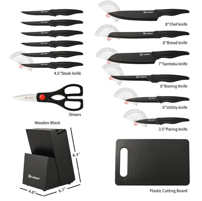 15+1 Pieces Professional Kitchen Knife Set with Plastic Cutting Board and Kitchen Shears and Non-slip PP Handle