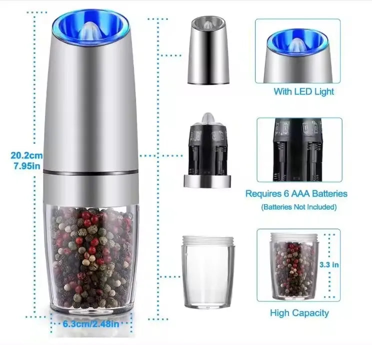 Electric Automatic Salt and Pepper Mill Grinder Set Metal Gravity Pepper Grinder with Blue LED Light