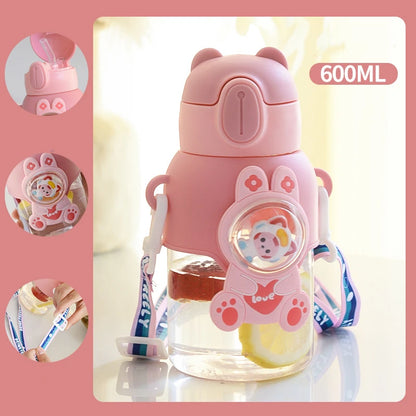 Children's Water Cup Anti-drop Straw Cup Boys Girls School Kindergarten Baby Bear Water Bottle Plastic Drinkware Kids Cups