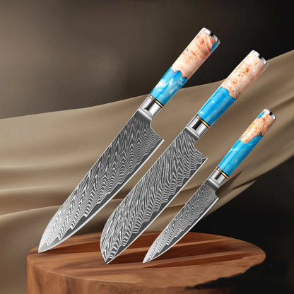 Blue Resin Wood Handle Damascus Kitchen Knife Set Vegetables Slicer Chef Nakiri Knives