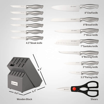 15 Pieces High Quality Chef Knife Set with Wooden Block, Non-slip Hollow Handle for Kitchen Scissor