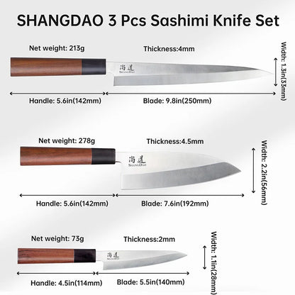 SHANGDAO 3PCS Japanese Kitchen Knife Set Chef Stainless Steel Filleting Set Sashimi Salmon Fish Yanagiba Sushi Meat Knife
