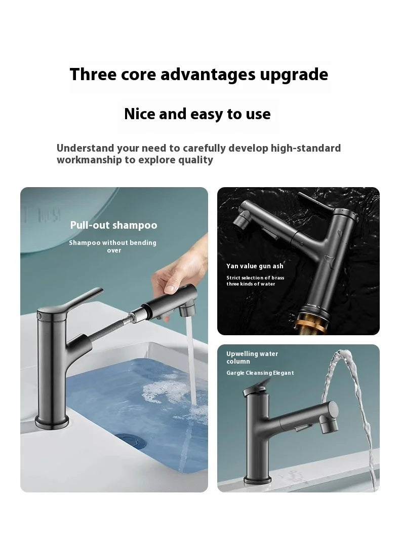 Modern All Copper Pull-Out Basin Faucet Hot Cold Single-Handle Design for Household Washbasin Bathroom Cabinet Toilet Wash Basin
