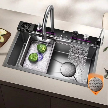 Torneira retangular única grande em aço inoxidável para lava-loiça, com design digital em formato de favo de mel nano espesso, ideal para bancada de cozinha.