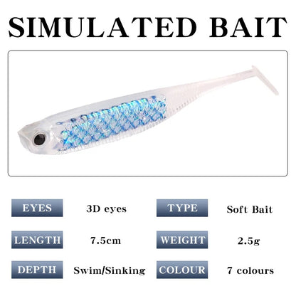 New 7.5cm/2.5g Rainbow Fish T-Tail Lure Simulation Hollow Belly Reflective Soft Bait Made of Silicone for Carp Fishing