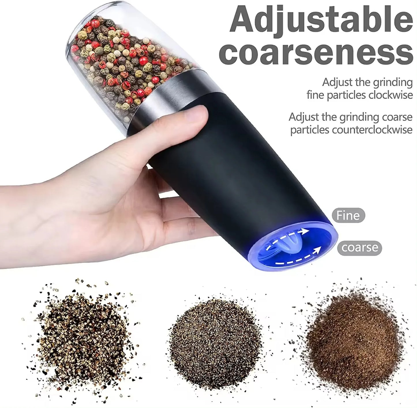 Electric Automatic Salt and Pepper Mill Grinder Set Metal Gravity Pepper Grinder with Blue LED Light