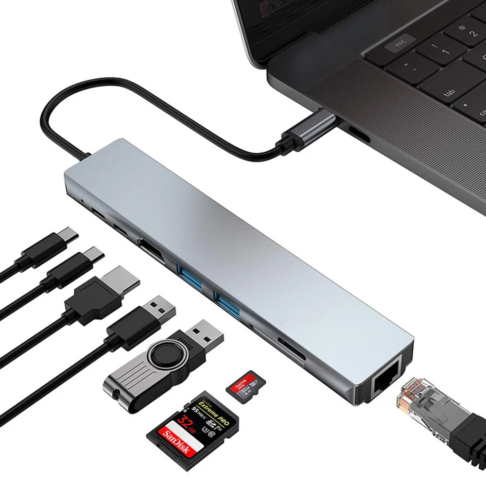 8-in-1 USB-C Docking Station USB 3.0 PD Hub With Charging Ethernet HDMI 4K TF/SD Card Reader for MacBook and Other Devices