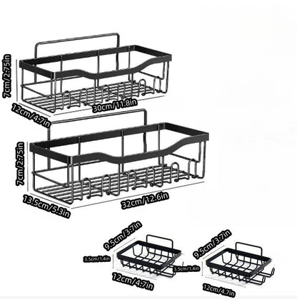 5-piece Set Wall Mounted Bathroom Shelf Black Iron Bathroom  Kitchen Shower Shelves Metal Self-adhesive Storage Rack