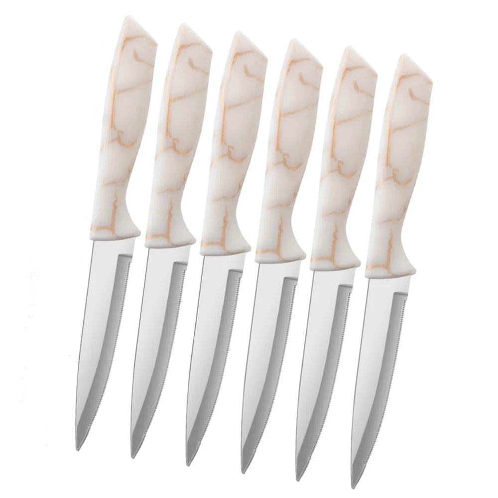3cr13 Stainless Steel Blade Kitchen Steak Knife Set Hollow Marble Pattern ABS Plastic Handle Metal Meat Restaurant Knife