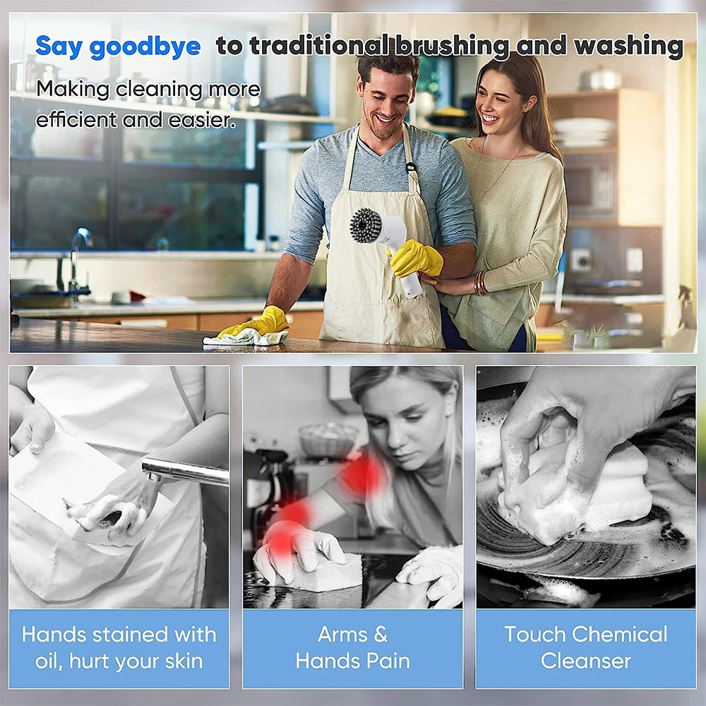 IPX7 Waterproof Electric Cordless Shower Scrubber Dual Speed with 5 Replaceable Brush Heads Convenient Cleaning Equipment