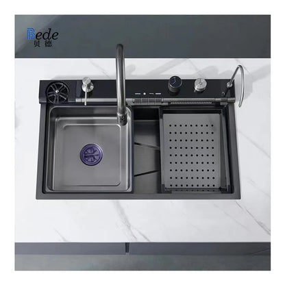 Single Modern Stainless Steel 304 LED Digital Waterfall Kitchen Sink New Design Popular Black Smart Multifunctional Handmade One