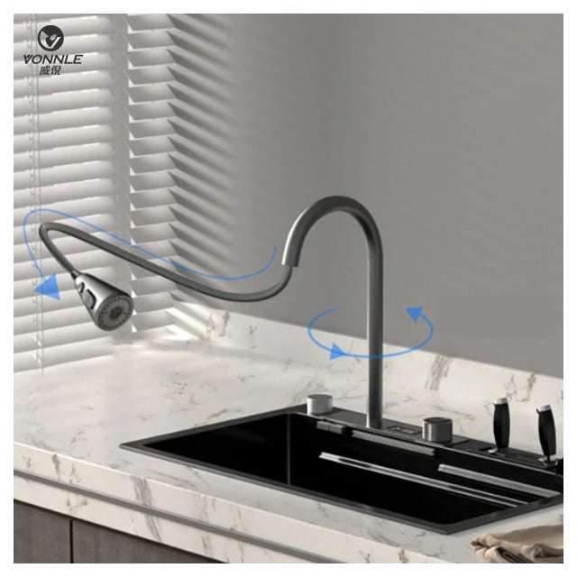Newly Designed Stainless Steel Digital Display Waterfall Faucet Single Bowl One-Hole Multifunctional Kitchen Features Black