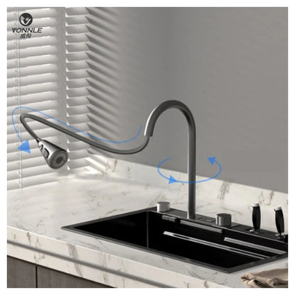 Newly Designed Stainless Steel Digital Display Waterfall Faucet Single Bowl One-Hole Multifunctional Kitchen Features Black