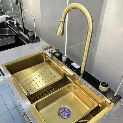 Gold SUS Smart Kitchen Sink Nano Stainless Steel Hand Made Kitchen Sink Waterfall Kitchen Sink With Digital Display