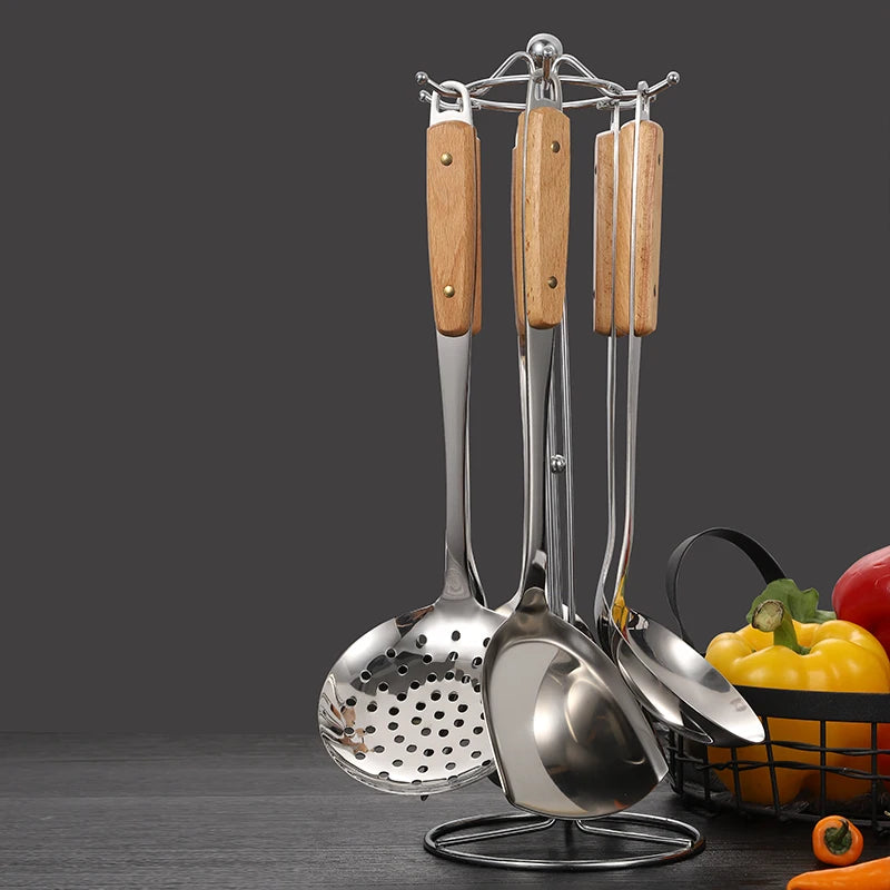 7PCS Stainless Steel Utensils Non-slip Heat  Resistant Kitchen Accessories Cooking Tool With Wooden Handle