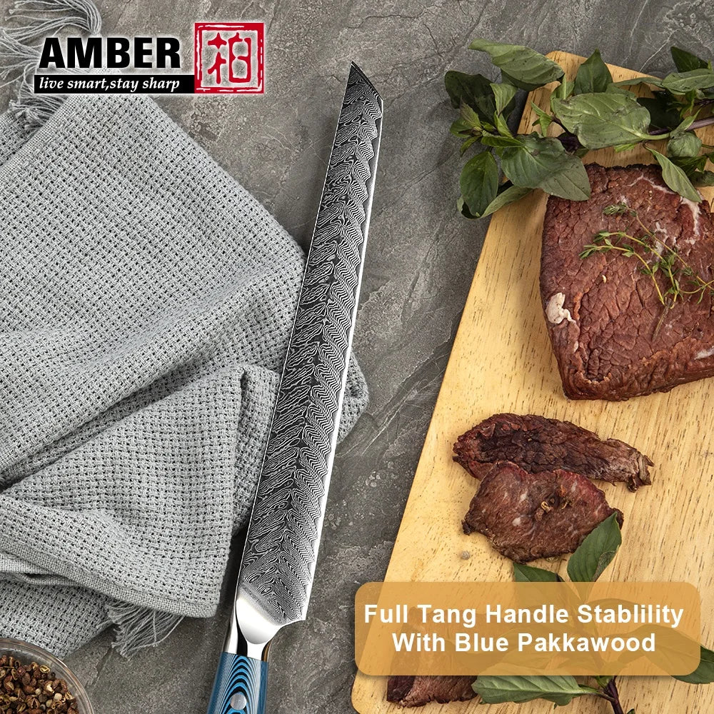 Faca japonesa para filetar peixe, sashimi, sashimi, sushi, cabo em madeira de Pakkawood azul âmbar.