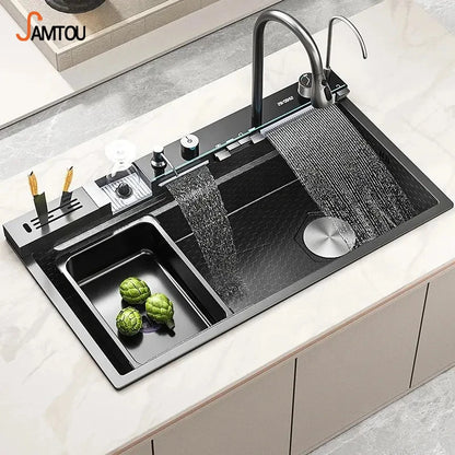Modern New Smart Black Stainless-steel Kitchen Sink Multifunctional Large Single Sink with Waterfall Faucet for Hotel Kitchen