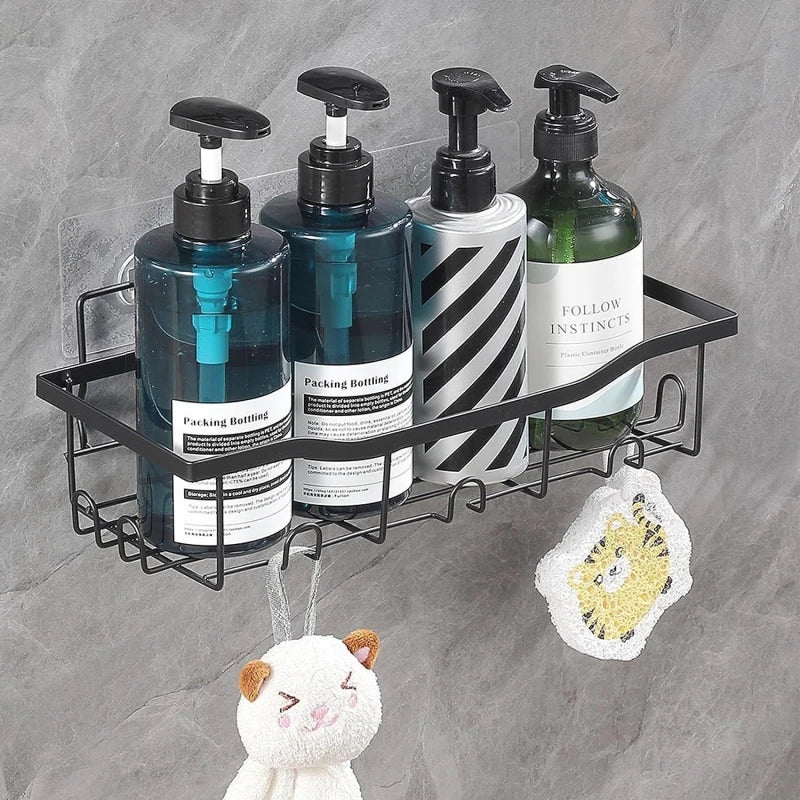 5-piece Set Wall Mounted Bathroom Shelf Black Iron Bathroom  Kitchen Shower Shelves Metal Self-adhesive Storage Rack