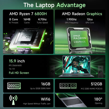 Laptop amd R7-6800H Computer 15.9 Inch 2.5K HD 32GB DDR5 512GB 1TB SSD Ordinateur Portable Gaming Laptop