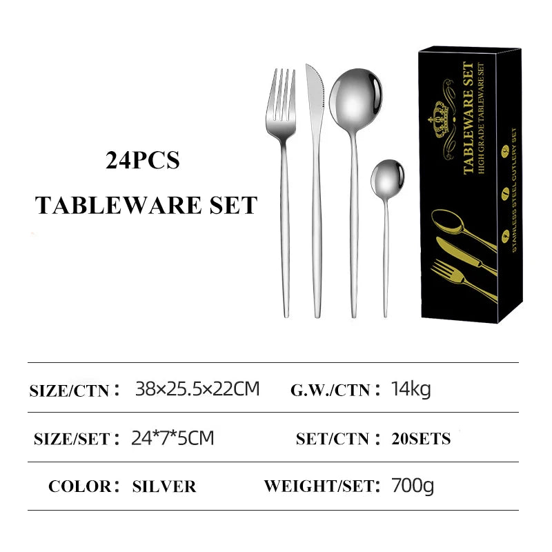 24Pcs Dining Room Stainless Steel Steak Knife,Fork and Spoon Tableware Set