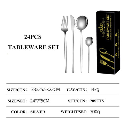 24Pcs Dining Room Stainless Steel Steak Knife,Fork and Spoon Tableware Set
