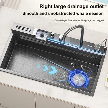 Modern New Smart Black Stainless-steel Kitchen Sink Multifunctional Large Single Sink with Waterfall Faucet for Hotel Kitchen