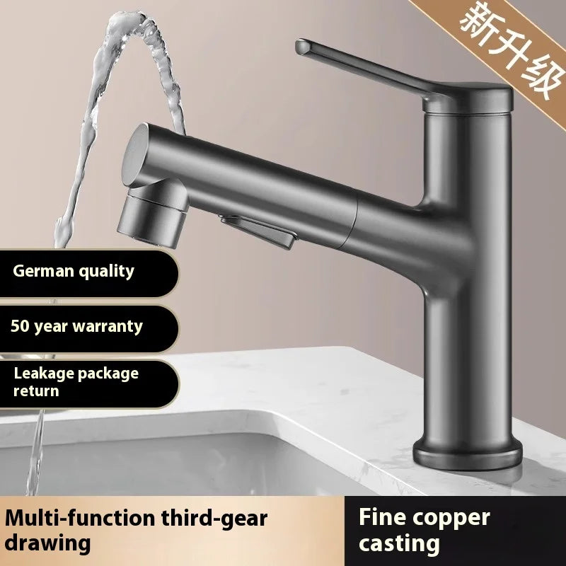 Modern All Copper Pull-Out Basin Faucet Hot Cold Single-Handle Design for Household Washbasin Bathroom Cabinet Toilet Wash Basin