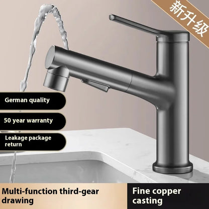 Modern All Copper Pull-Out Basin Faucet Hot Cold Single-Handle Design for Household Washbasin Bathroom Cabinet Toilet Wash Basin