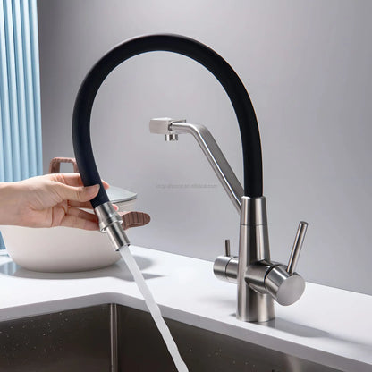 Contemporary Single-Handle Kitchen Faucet with 2-Way Water Filter Brushed Stainless Steel Finish for Hotels and Hospitals
