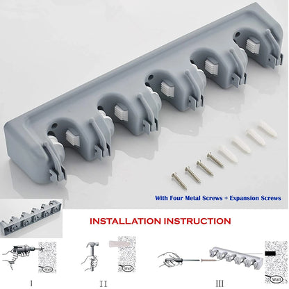 5 Position Wall Mounted Tool Organizer 6 Hooks Broom Mop Holder Tidy Organizer for Kitchen Living Room Garage & Bathroom