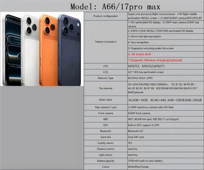 Promax A66/17 5G Dual SIM Smartphone with 16GB+1TB Deca Core CPU 108MP Rear Camera Spanish French English Operating Languages