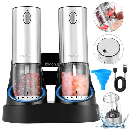LED Light Charging Base Electric Salt and Pepper Mills Adjustable Coarseness with Variable Grinding Speed